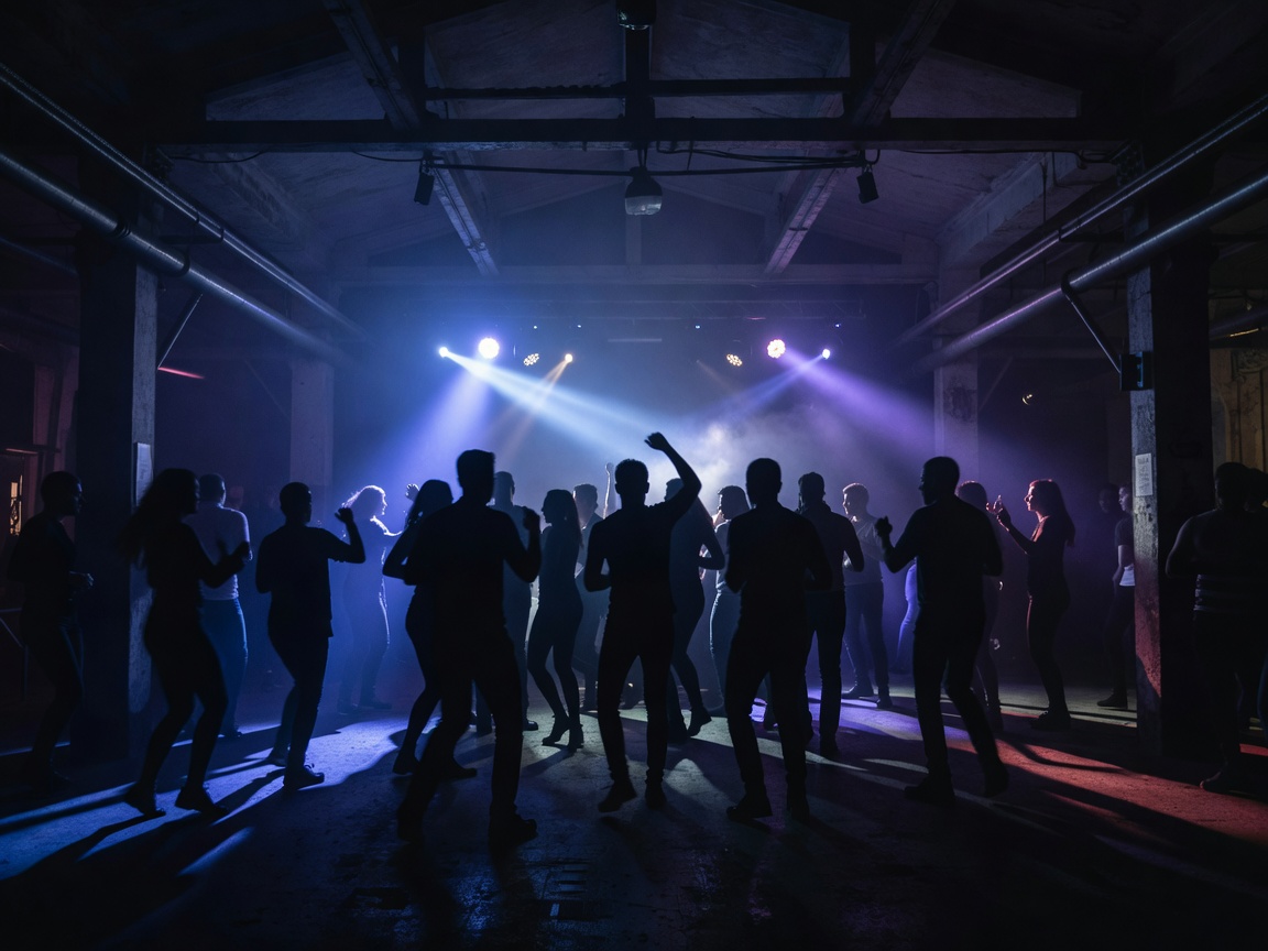 Berlin industrial club dancefloor with moody lighting and dancing silhouettes