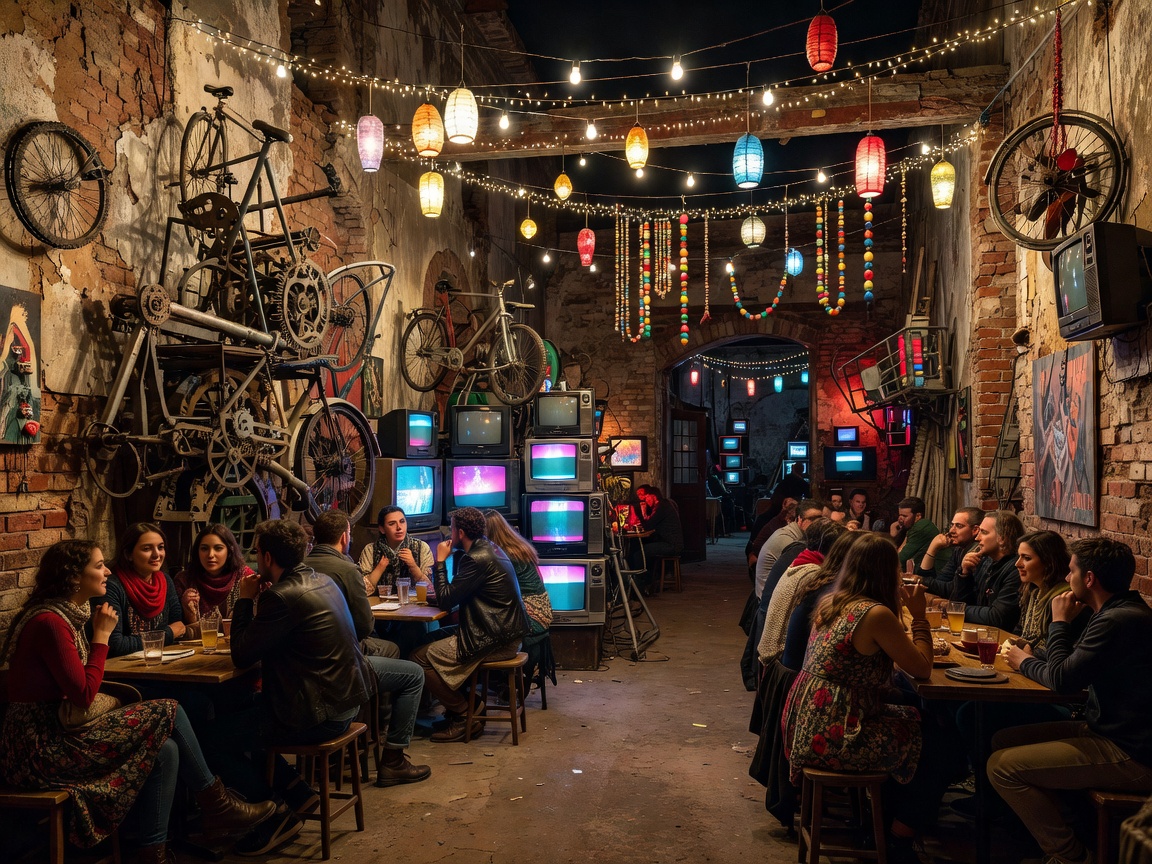 Budapest ruin bar venue with eclectic art installations and night lighting