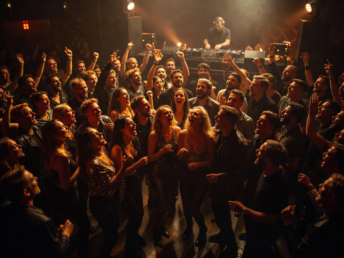 Club crowd with warm amber lighting and deep shadows during a European DJ set