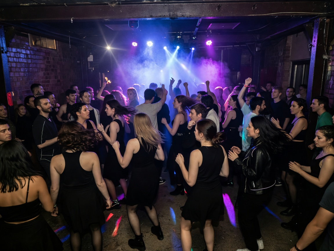Underground brick arch basement club with warm low key lighting