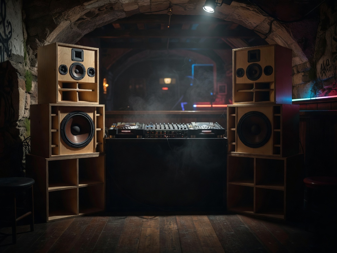 Custom acoustic sound system and DJ mixer setup in a dark European club