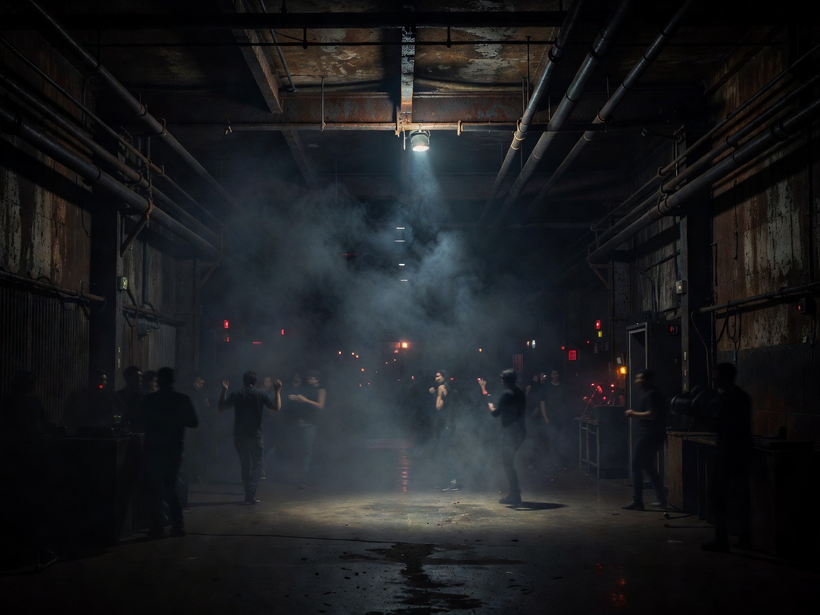 Dark industrial nightclub hall with ambient spotlight and heavy bass atmosphere