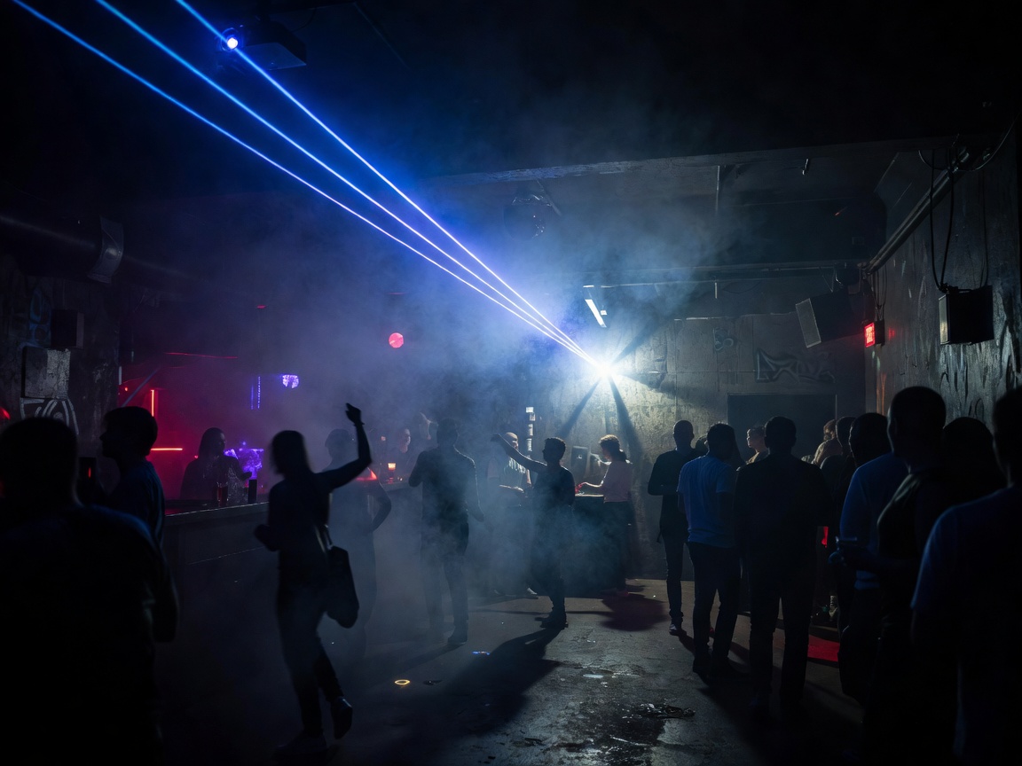 Moody Berlin nightclub interior with laser beam cutting through smoke
