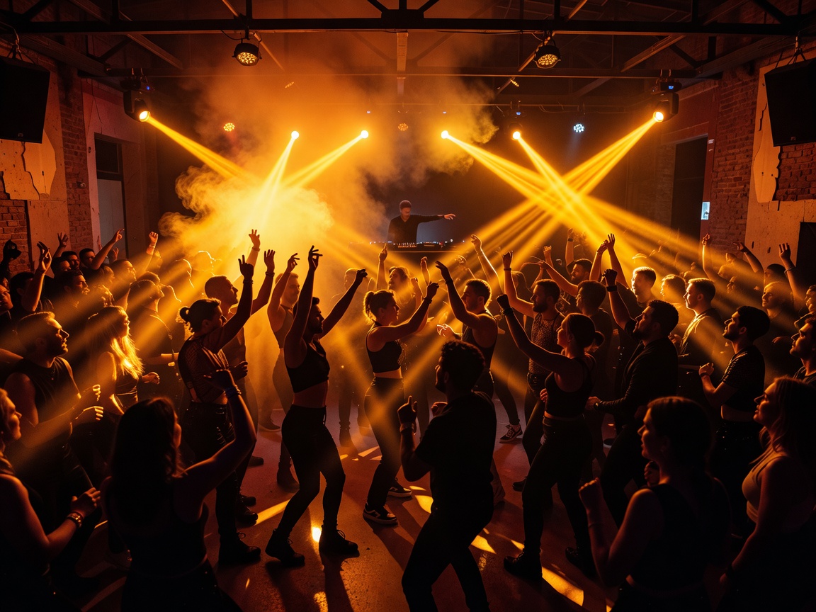 Packed electronic dance club in Spain with amber strobe lights and silhouettes