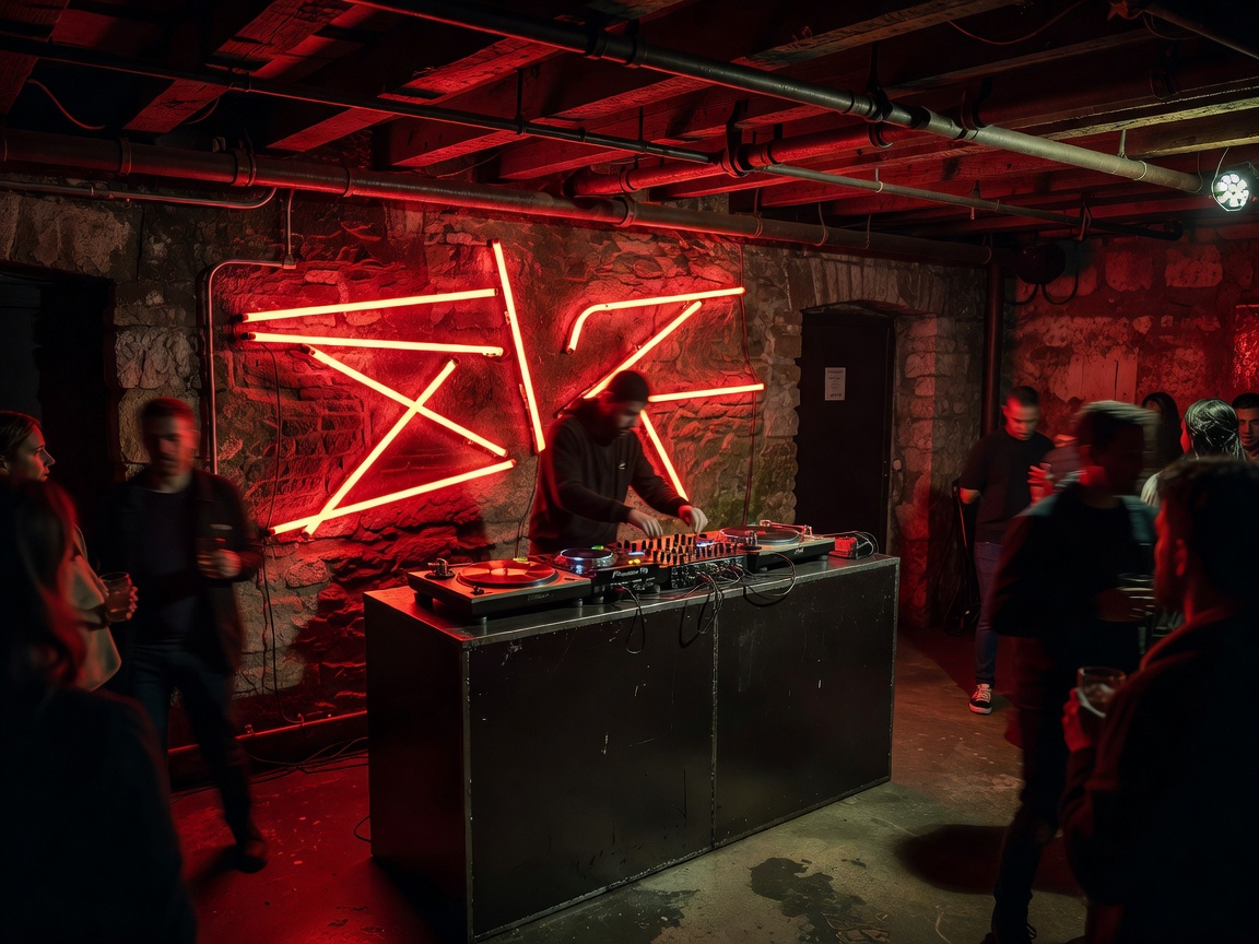 Parisian basement venue with neon red tubes illuminating DJ booth