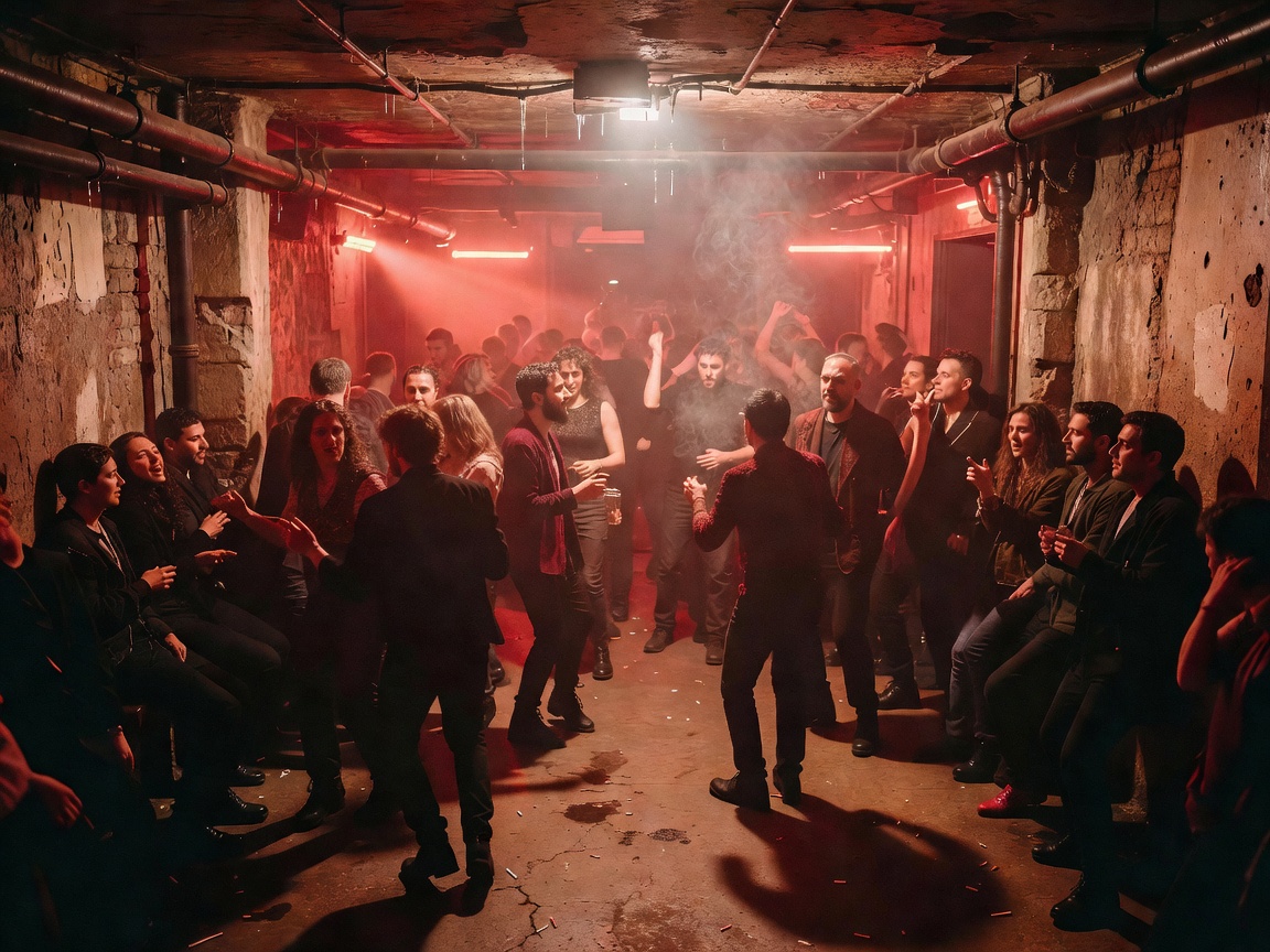 Parisian underground club basement bathed in coral red light