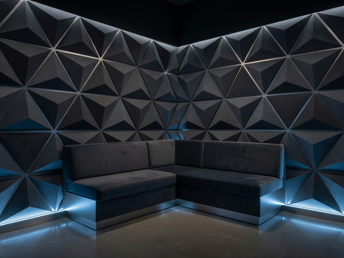 Subterranean modern club booth with clean geometric acoustic panels