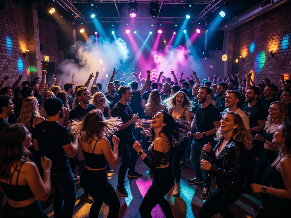 Vibrant Czech nightlife crowd dancing with stage spotlights